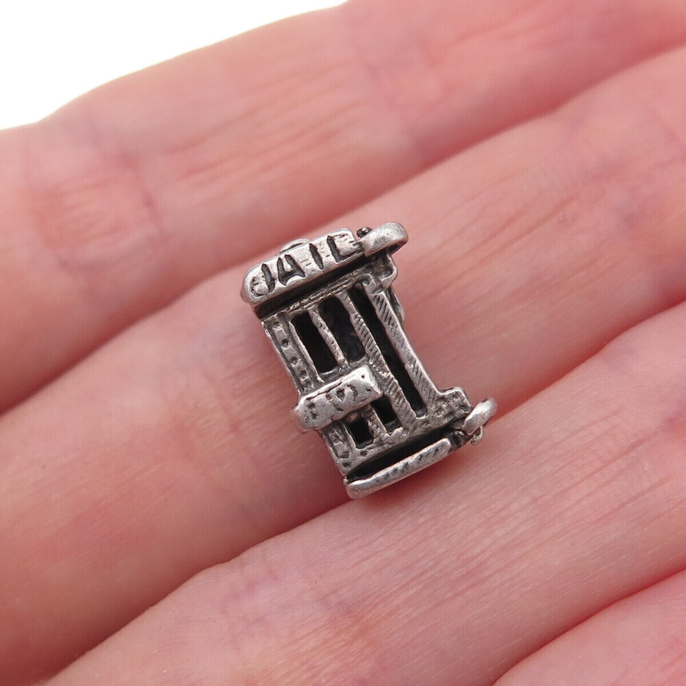 925 Sterling Silver Antique Art Deco Jail Cell Open Oxidized 3D Charm Pendant